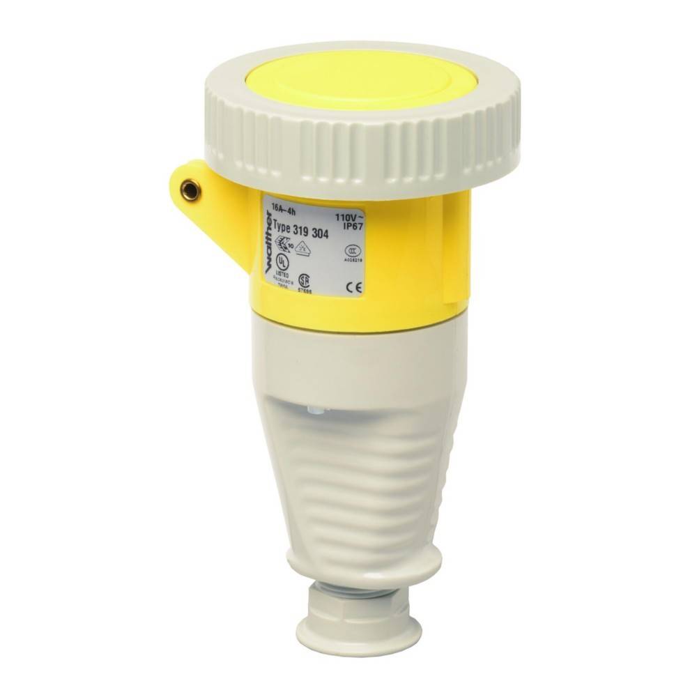 Ein gelber und beige industrieller elektrischer Verbinder, mit Spezifikationen und Zertifizierungen an seiner Seite, entwickelt für sichere Verbindungen.