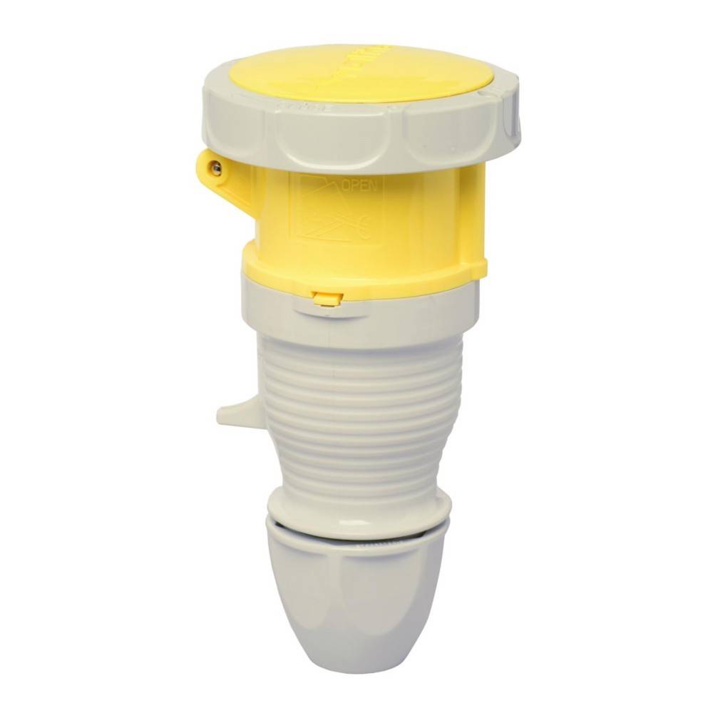 Ein gelber und weißer industrieller elektrischer Verbinder mit geripptem Gehäuse und Schutzkappe, entwickelt für Anwendungen mit hoher Leistungsbelastung.