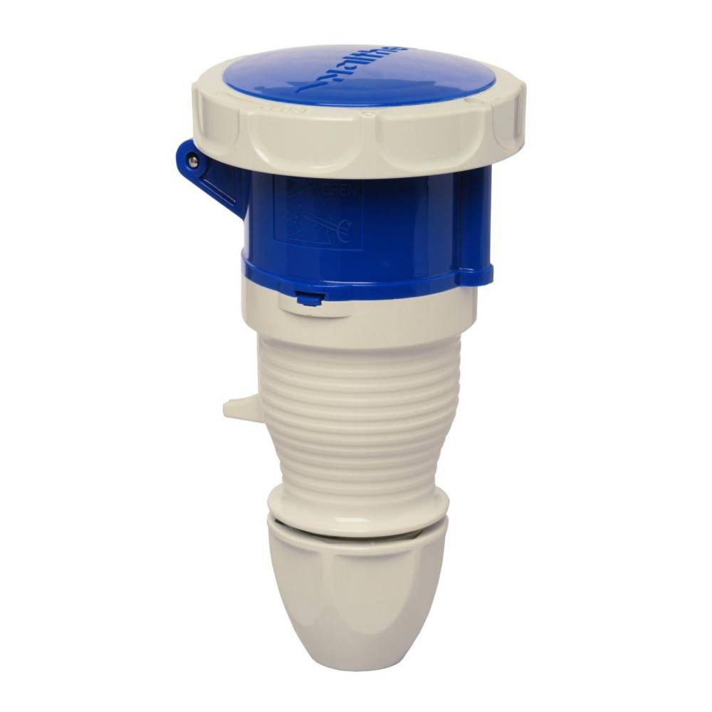 Ein blau-weißer elektrischer Stecker für industrielle Zwecke mit einem kreisförmigen Kopf, geripptem Körper und einem Verriegelungsmechanismus an der Seite.