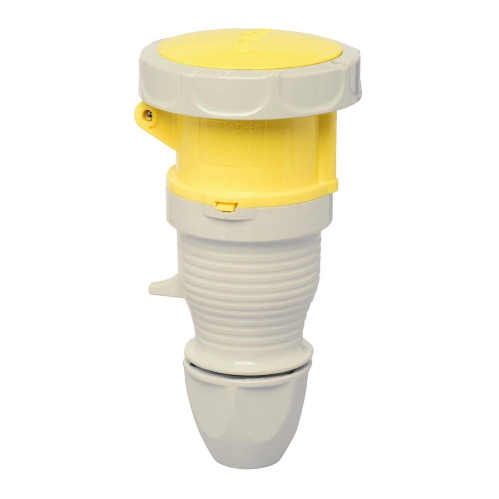 Ein gelber und weißer industrieller elektrischer Stecker mit geripptem Griff und Schutzkappe, der typischerweise für robuste Stromverbindungen verwendet wird.