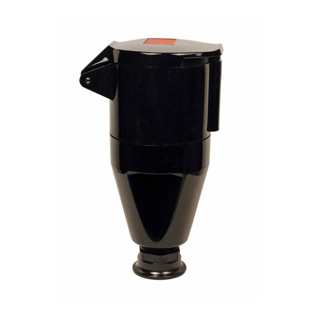 Ein schwarzer zylindrischer Industrieapparat mit konischer Basis und vertikaler Erweiterung, der als Sensor oder Detektor verwendet wird, auf weißem Hintergrund.