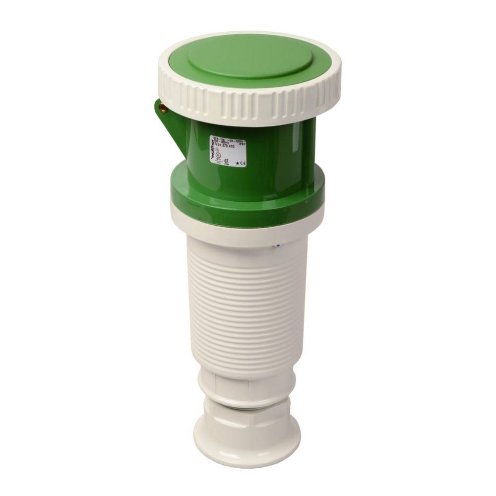 Ein grüner und weißer elektrischer Stecker mit einer Schraubkappe, für industrielle Anwendungen konzipiert, mit Sicherheitszertifizierungen auf dem Etikett.