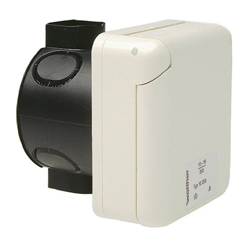 Ein zweifarbiger Rotations-Luftregler mit weißer Abdeckung und schwarzem Zifferblatt, der eine Beschriftung mit Zahlen und Einstellungen zur Betriebssteuerung zeigt.