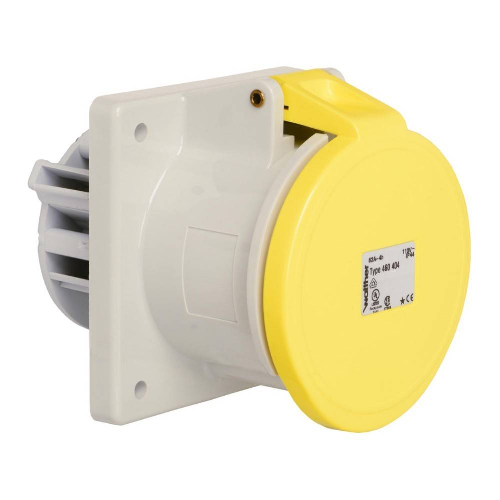 Eine gelbe industrielle Steckdose, die auf einer weißen Basis montiert ist und für Hochstrom-Elektroanschlüsse konzipiert ist.