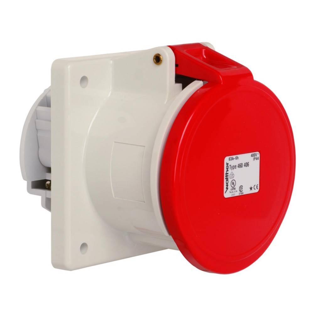 Eine rote und weiße industrielle Steckdose mit der Beschriftung „400V