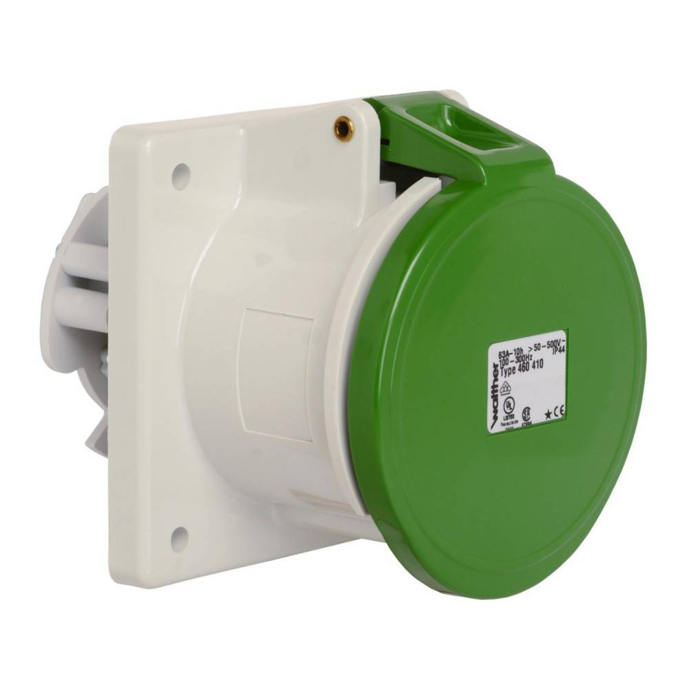 Eine grüne und weiße elektrische Wandsteckdose mit einem geschlossenen, runden Deckel und sichtbaren Spannungs- und Stromstärkeangaben auf dem Etikett.