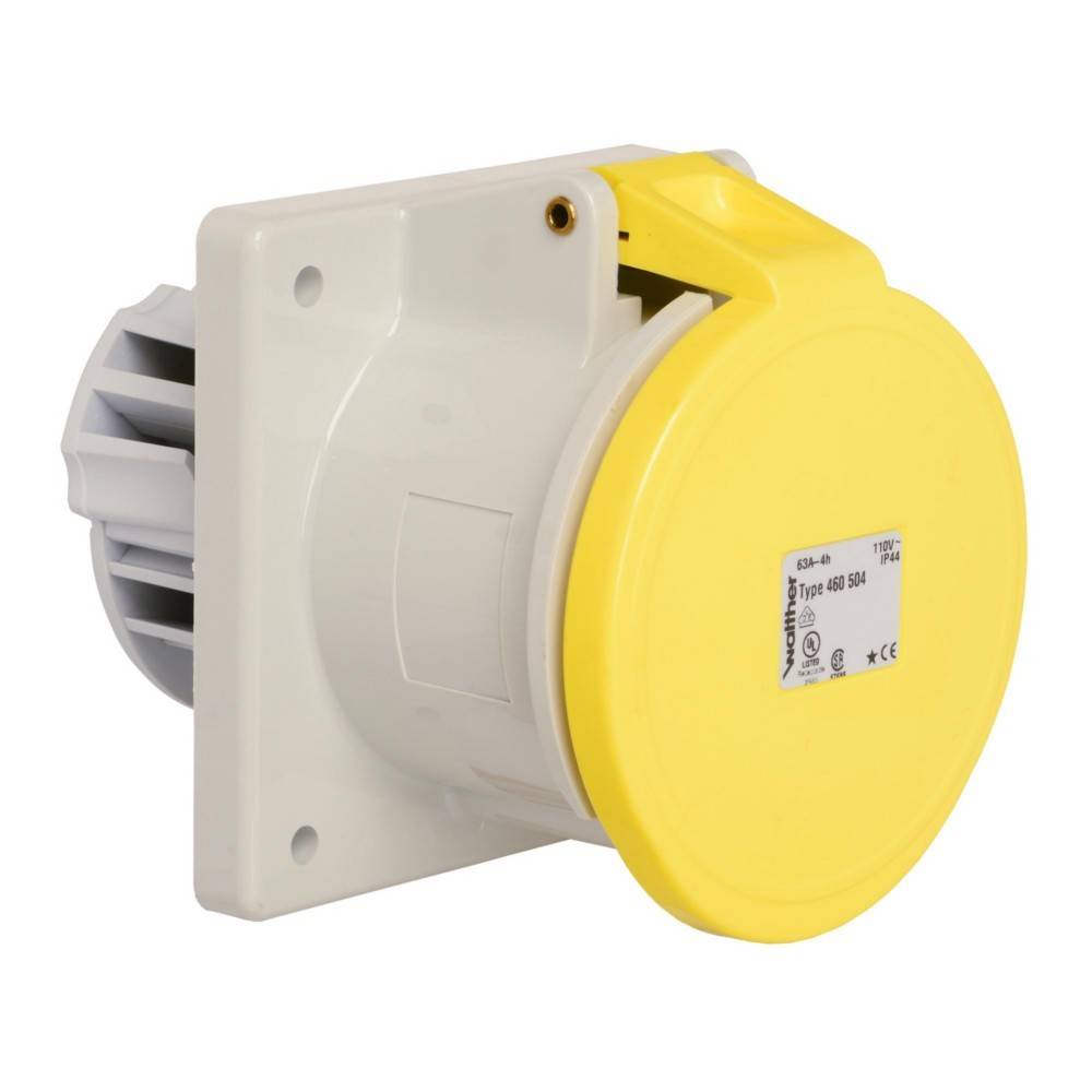 Eine gelbe industrielle Wandsteckdose, ausgelegt für 16A 110V, verwendet für robuste Stromverbindungen in Baustellenumgebungen.