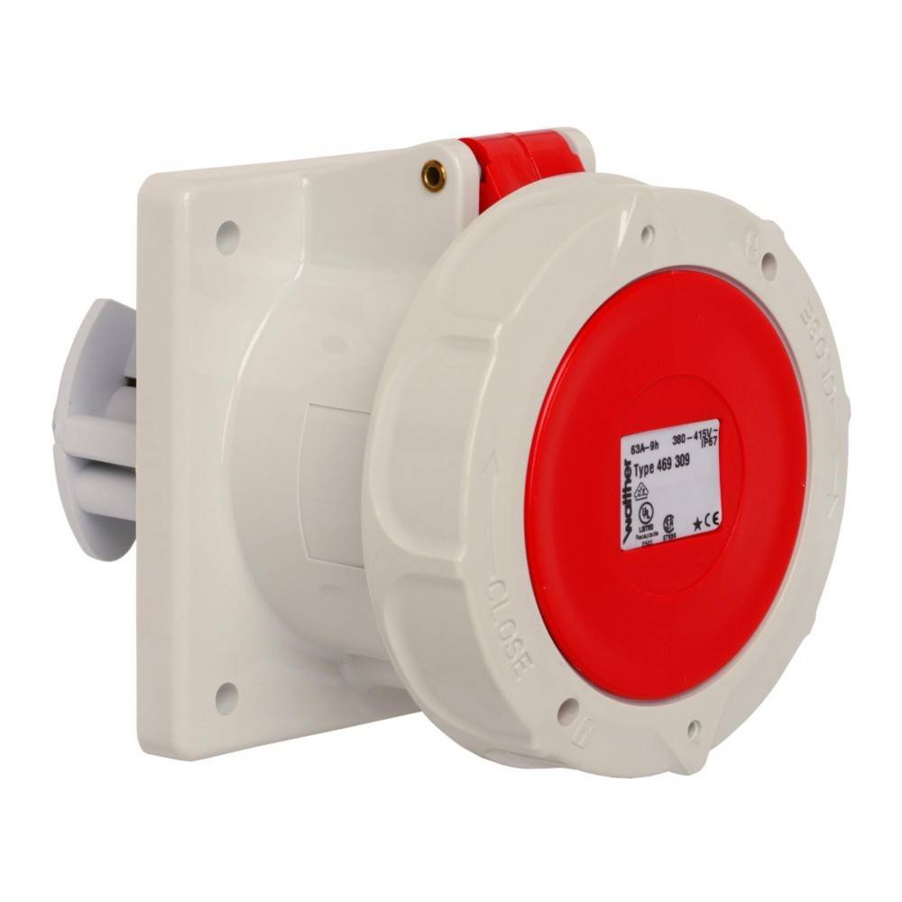 Industrielle Steckdose, rot und weiß, mit Modell- und Spannungsdetails.