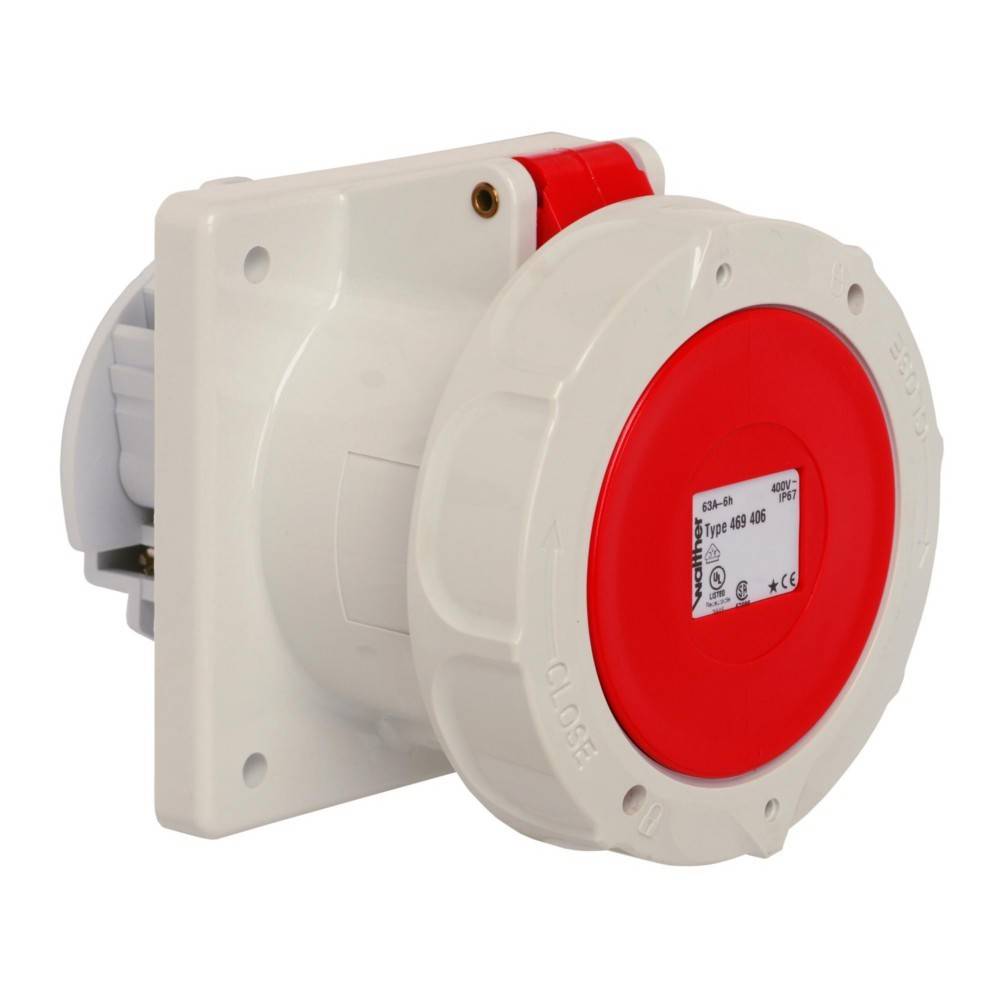 Eine wandmontierte industrielle Steckdose mit einem roten kreisförmigen Deckel und der Markierung ‚CLOSE' auf einer weißen Grundplatte.