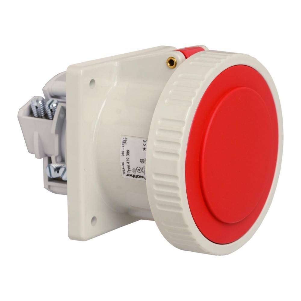 Ein großer, roter, runder Not-Aus-Knopf auf einem weißen Industriegerät, der zum schnellen Abschalten von Maschinen im Notfall konzipiert ist.