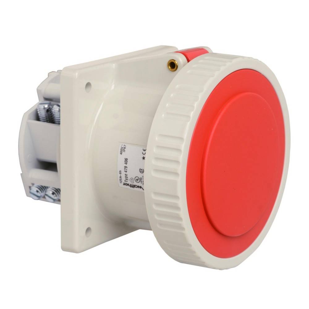 Ein roter und weißer elektrischer Verbinder mit kreisförmigem Design, geeignet für industrielle Anwendungen, wird auf einem neutralen Hintergrund dargestellt.