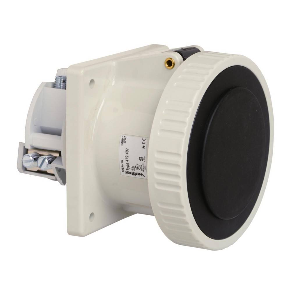 Ein weißer und schwarzer industrieller Steuerungsschalter mit einem großen kreisförmigen Knopf, montiert auf einer quadratischen Basis, mit Schraubklemmen an der Seite.