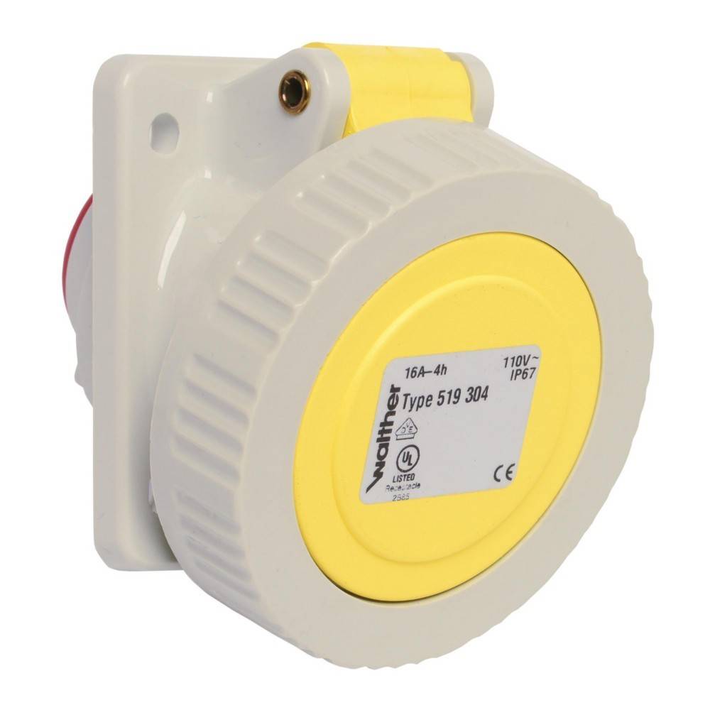 Nahaufnahme eines weißen und gelben industriellen elektrischen Verbindungssteckers mit Spezifikationsetikett, das Typ 519 304, 16A-4h, 110V, IP67-Schutzart anzeigt.