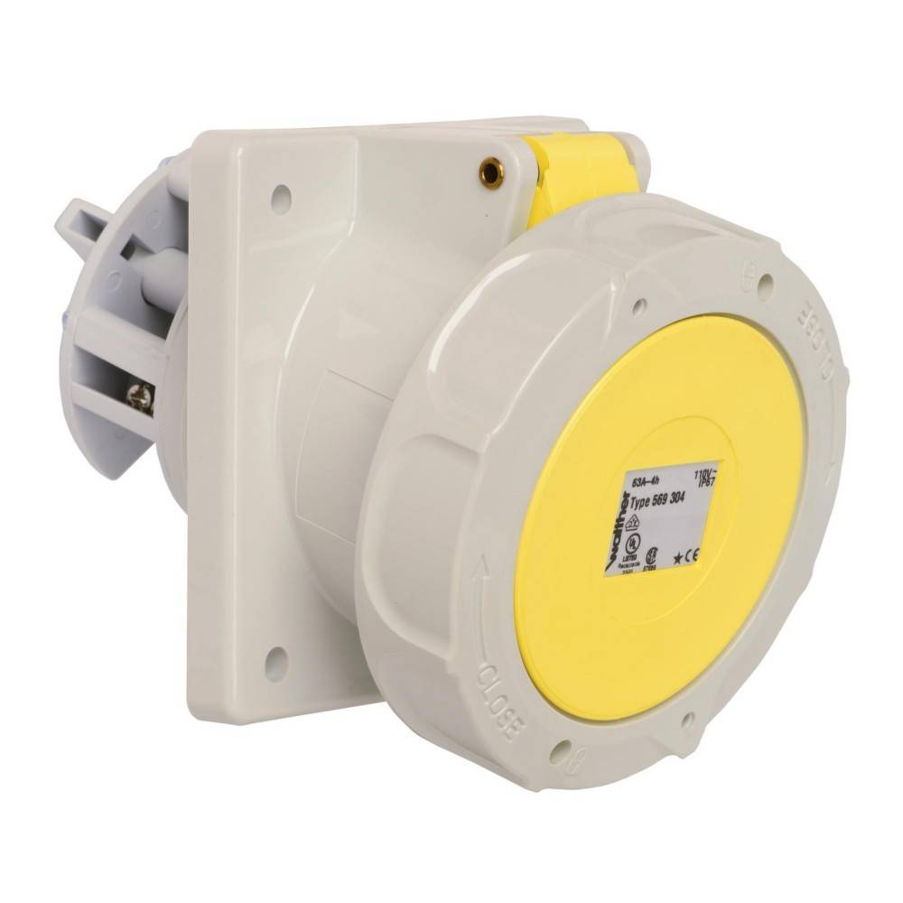 Ein gelbes industrielles Stromverteilerkastensteckdose mit einem Drehverschlussmechanismus, der für sichere elektrische Verbindungen entwickelt wurde.