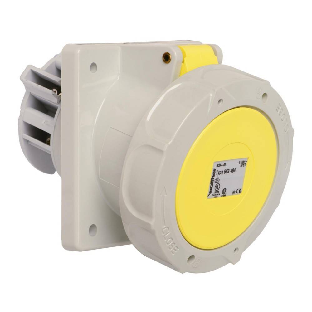 Ein industrietauglicher Elektrostecker mit einem grauen und gelben Gehäuse, konzipiert für Hochleistungsverbindungen. Er verfügt über eine runde, robuste Struktur.