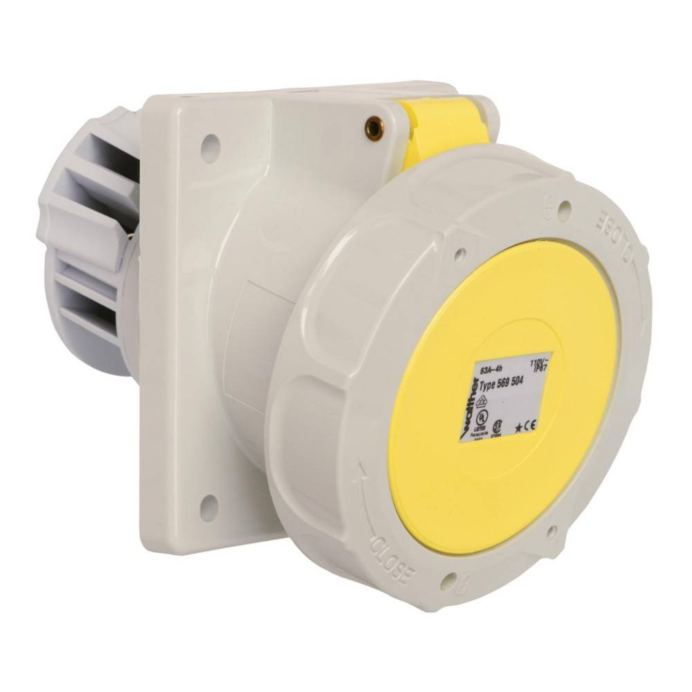 Industriesteckdose, wandmontiert, mit runder gelber Frontfläche und Schutzabdeckung, konzipiert für große elektrische Stecker.