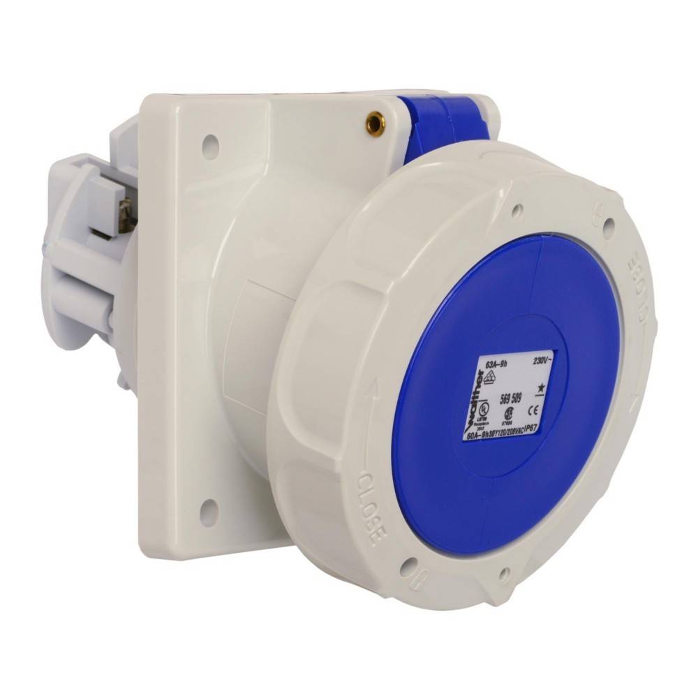 Eine wandmontierte industrielle Steckdose mit einer blauen Abdeckung und mehreren Kontakten für robuste elektrische Verbindungen.