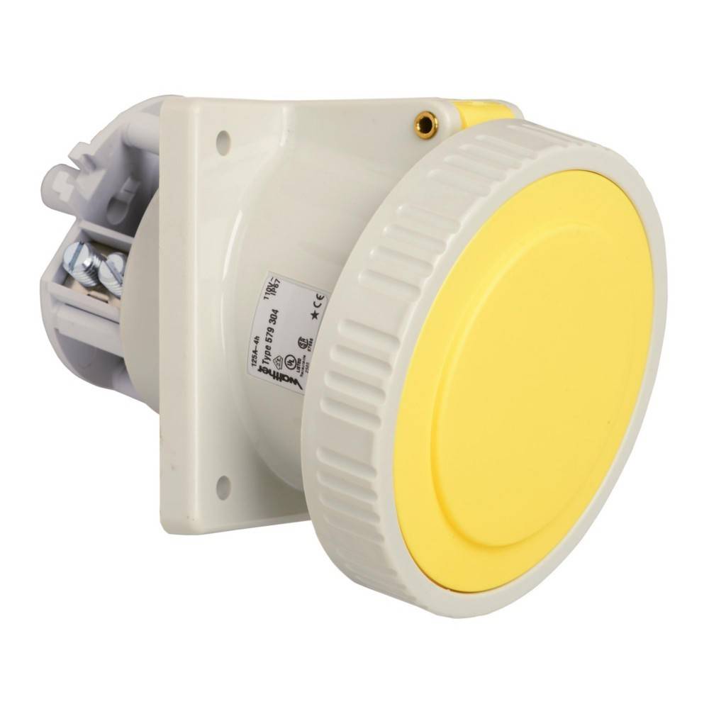 Eine gelbe und weiße industrielle Stromsteckdose mit Drehverschlussmechanismus, die für sichere elektrische Verbindungen in rauen Umgebungen konzipiert ist.