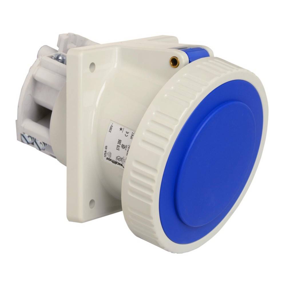 Eine blaue und weiße industrielle Elektrosteckdose mit kreisförmigem Design, wahrscheinlich für Hochleistungsverbindungen.