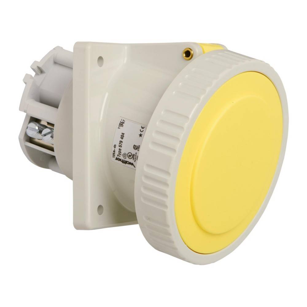 Eine weiße und gelbe Steckdose mit einer großen runden Abdeckung, die an einer Wandhalterung montiert ist.