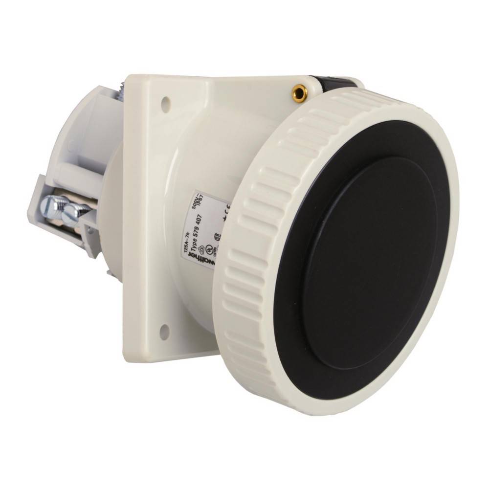 Ein weißer industrieller Drehschalter mit schwarzem Wahlschalter, auf einem quadratischen Schaltpanel montiert, der zur Steuerung elektrischer Schaltkreise verwendet wird.