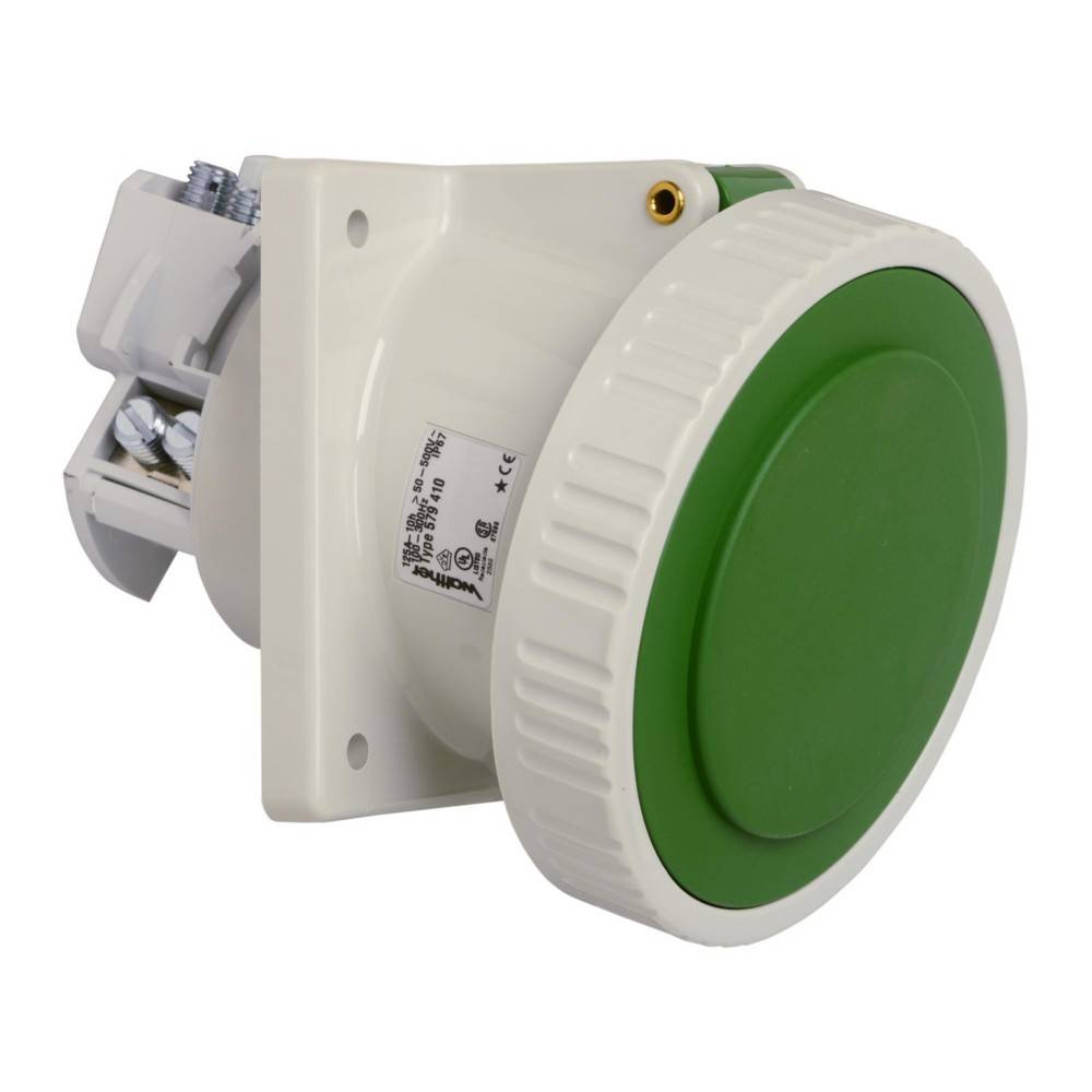 Wandmontierter Industriestecker mit grüner Abdeckung, robuste Konstruktion für sichere elektrische Verbindungen, geeignet für Umgebungen mit hohen Anforderungen.