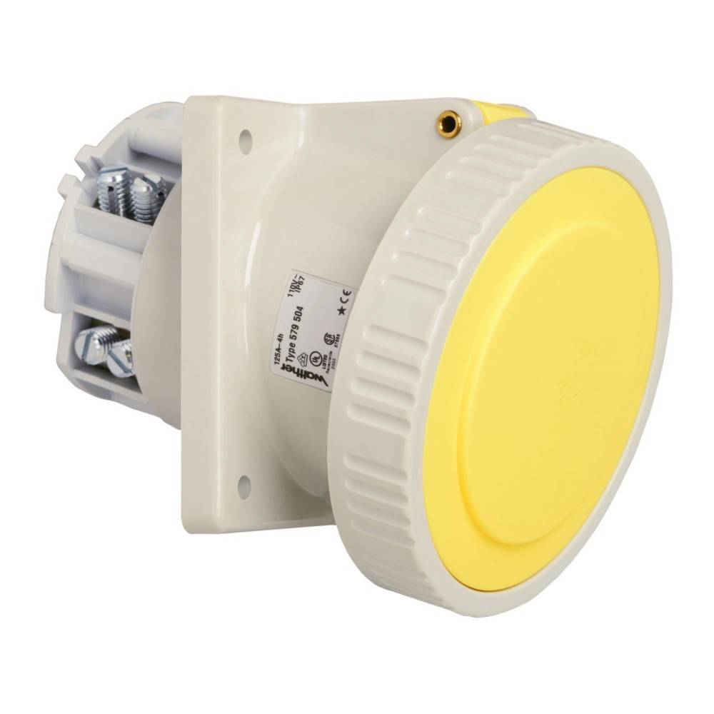 Eine gelbe industrielle Elektrische Steckdose, von der Seite betrachtet, die ihre Anschlussklemmen und Montagebeschlag zeigt.