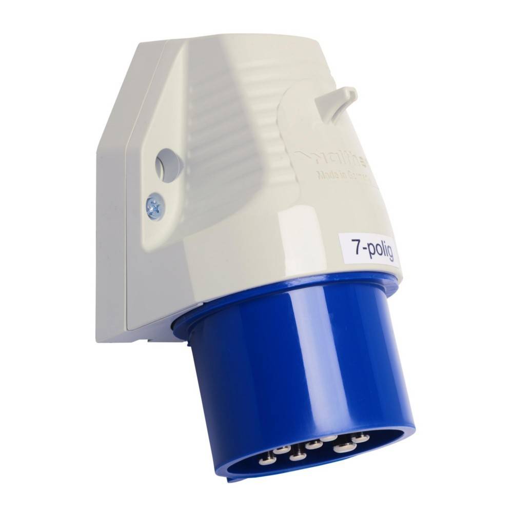 Blauer und weißer industrieller Stecker mit sieben Pins, beschriftet als 7-polig