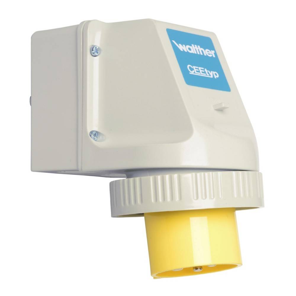Industrielle Steckdose 'Walther CEEtyp' in weiß und gelb, verwendet für robuste elektrische Verbindungen.