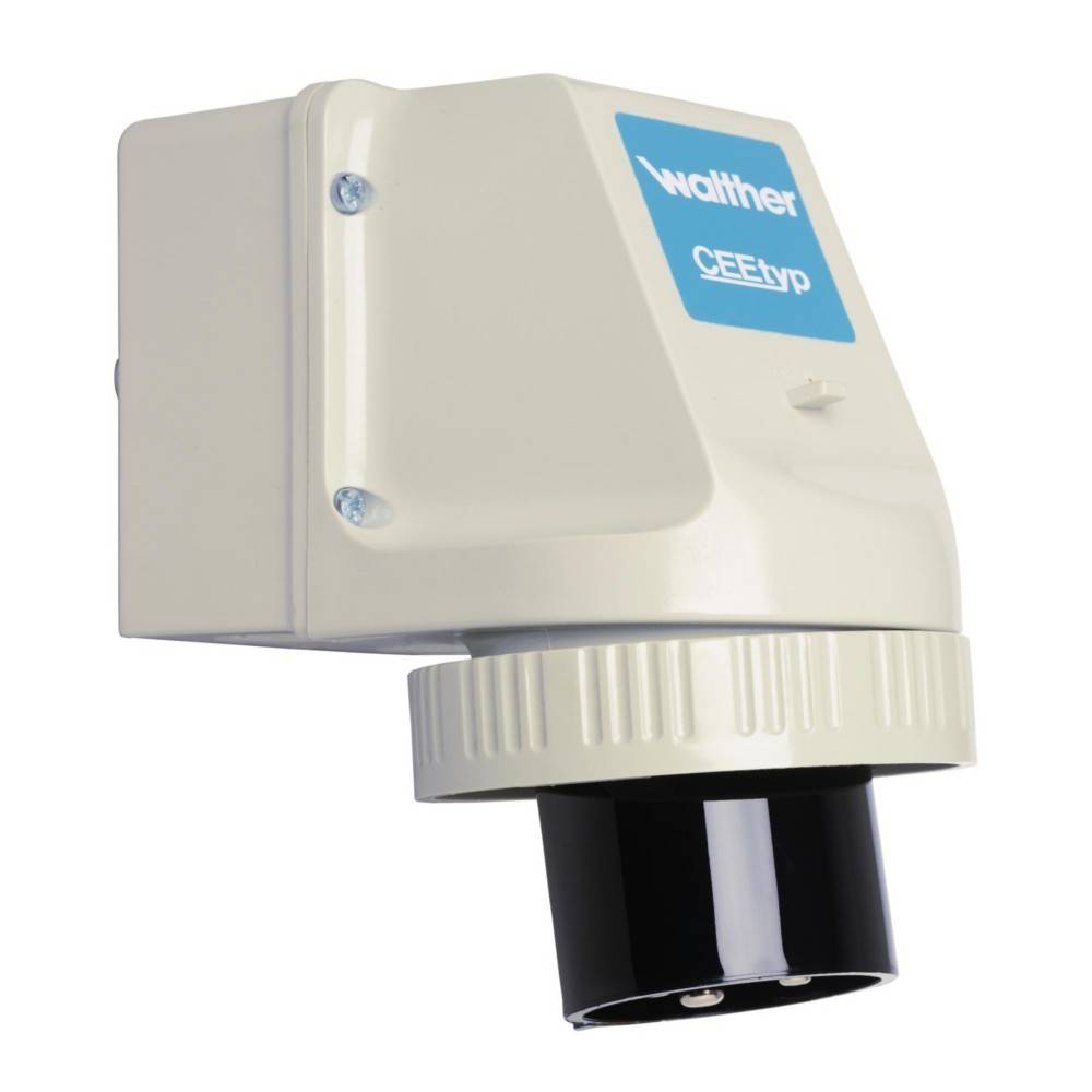 Eine weiße Industriesteckdose mit blauem 'Walther' und 'CEEtyp' Etikett, mit einem schwarzen kreisförmigen Anschluss am unteren Ende.