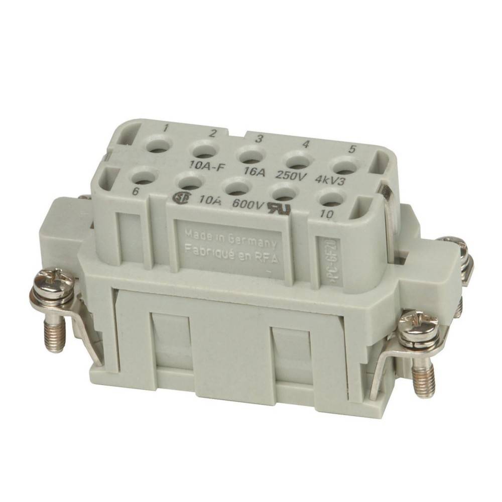 Elektrischer Verbinder mit einem grauen Kunststoffgehäuse, gekennzeichnet mit '10A', '16A', '250V'. Ausgestattet mit mehreren Anschlussöffnungen und Befestigungsschrauben.