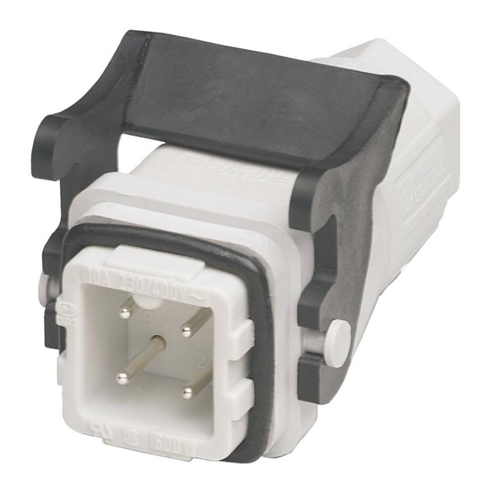 Verbindungsstecker mit einem schwarzen Verriegelungsmechanismus, ausgestattet mit drei Metallstiften. Wird für sichere elektrische Verbindungen verwendet.