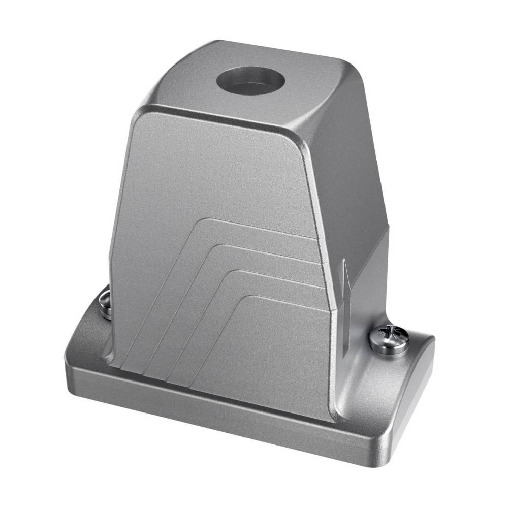 Eine silberne Metallhalterung mit einem Loch an der Oberseite, die zur Befestigung konzipiert ist, mit einem schlanken, abgewinkelten Design und zwei Schrauben an der Basis.