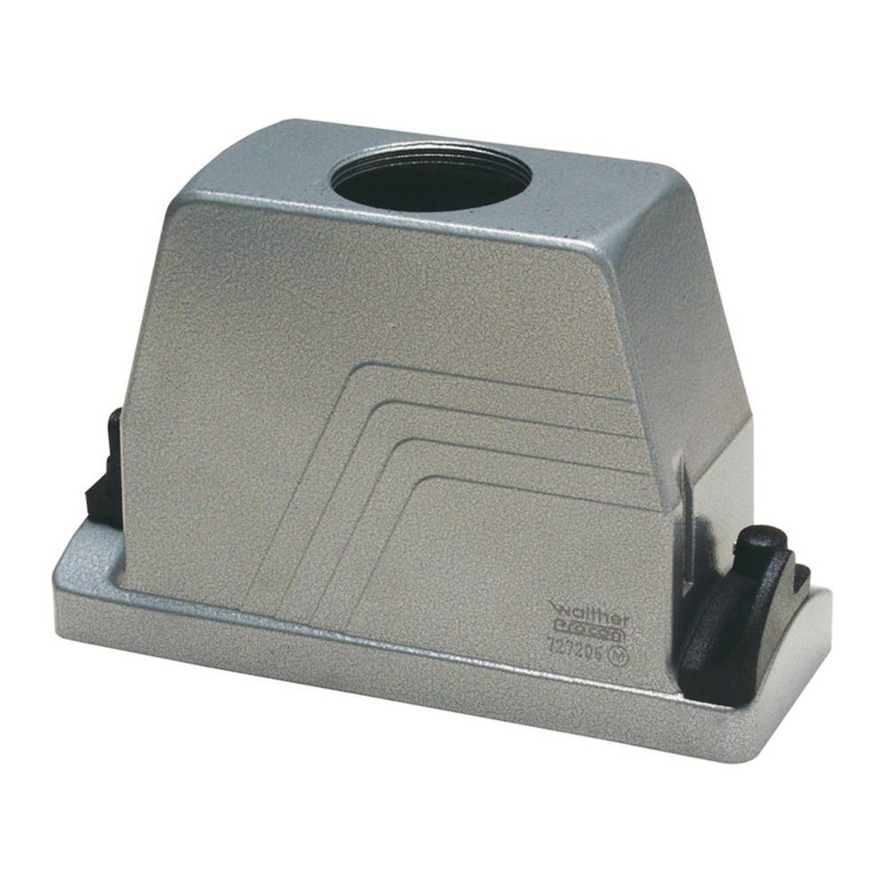 Ein Metallgehäuse mit einer oberen Öffnung und seitlichen Verriegelungen, verwendet zur Einhausung von industriellen Steckverbindern, gekennzeichnet mit 'Weidmuller 127706'.