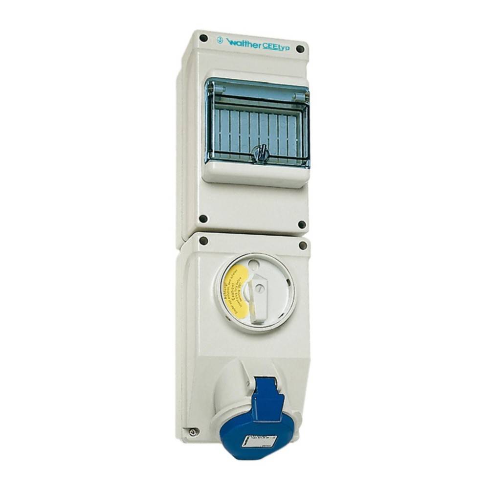 Elektrische Gehäuse mit transparenter Abdeckung, die Sicherungsautomaten zeigt und einen blauen industriellen Stecker aufweist.