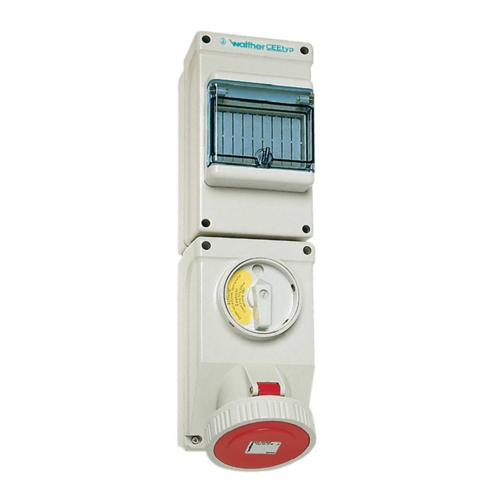 Elektrische Schalttafel mit transparenter Abdeckung und Drehschalter, gekennzeichnet mit 'Walther GEC.', verwendet zur Stromverteilung und -steuerung.