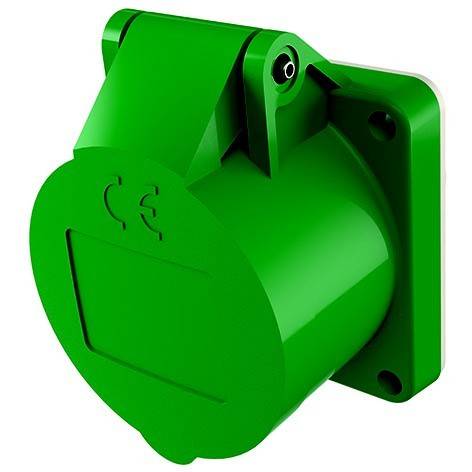 Grüne Industrie-Steckdose mit Schutzklappen, montiert auf quadratischer Grundplatte.