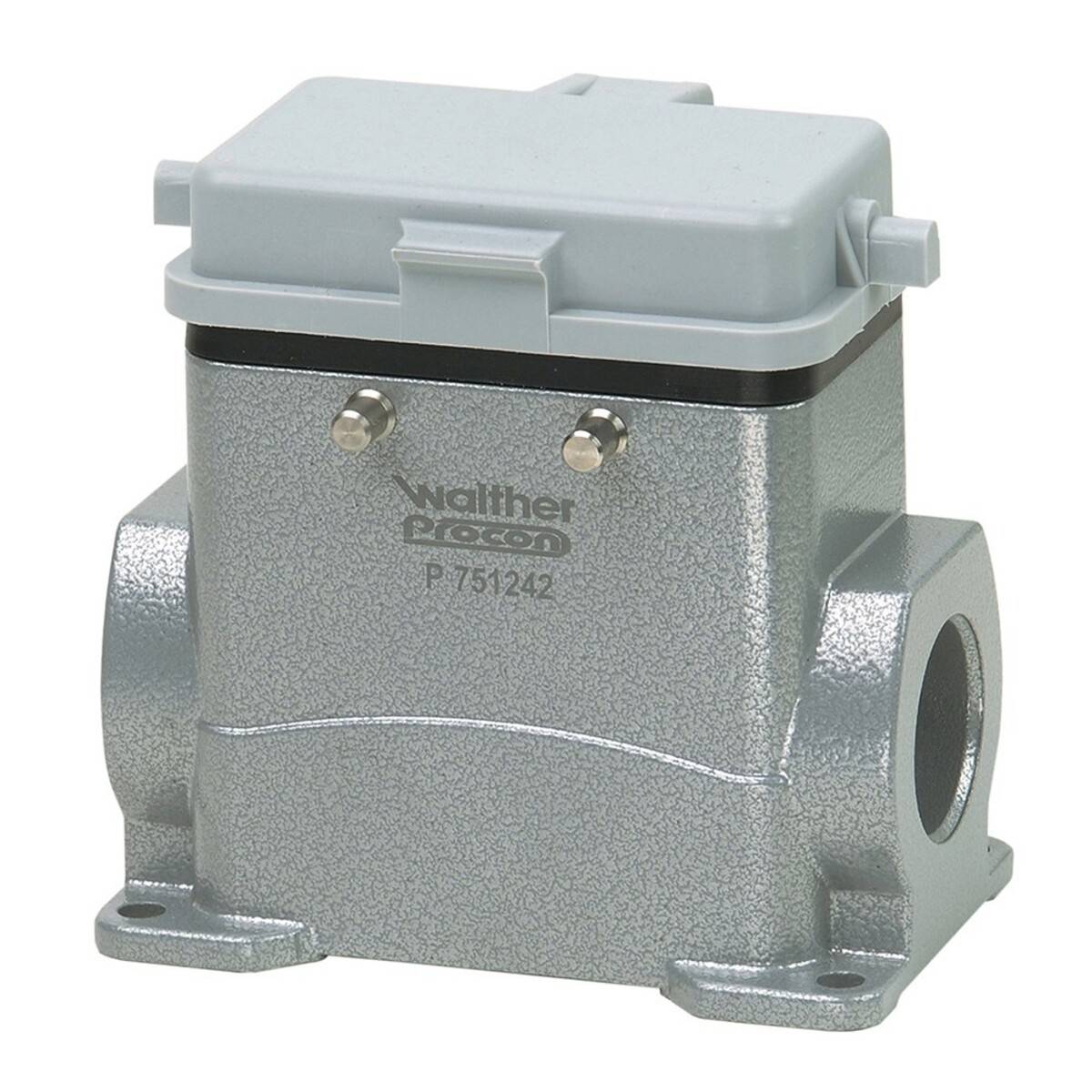 Eine metallische rechteckige Anschlussdose mit grauem Deckel, gekennzeichnet mit ‚Walther Paxon P 751242', verwendet für elektrische Verbindungen und Schutz.