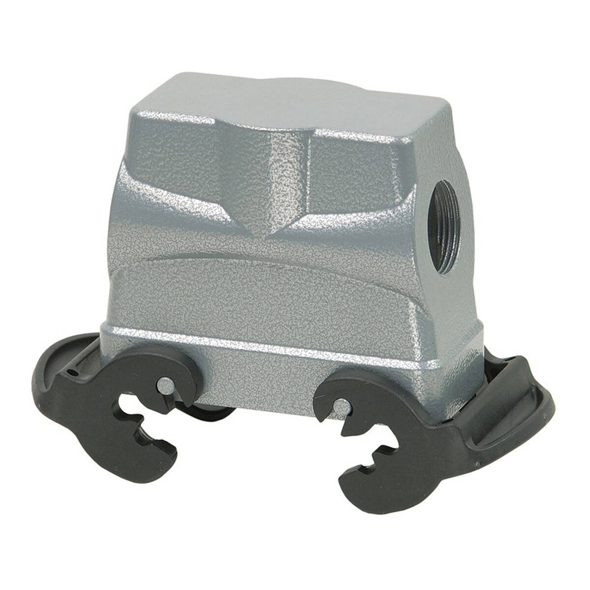 Metallisches Objekt mit einer strukturierten Oberfläche, das seitliche Halterungen zur Befestigung aufweist. Es besitzt ein Gewindeloch an seiner Seite und eine massive Basis.