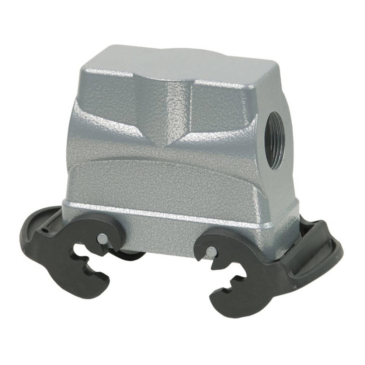 Graues, robustes Metallgehäuse für Anschlüsse mit schwarzen Kabeleintrittsmuffen an beiden Seiten, konzipiert zur Sicherung elektrischer Verbindungen.