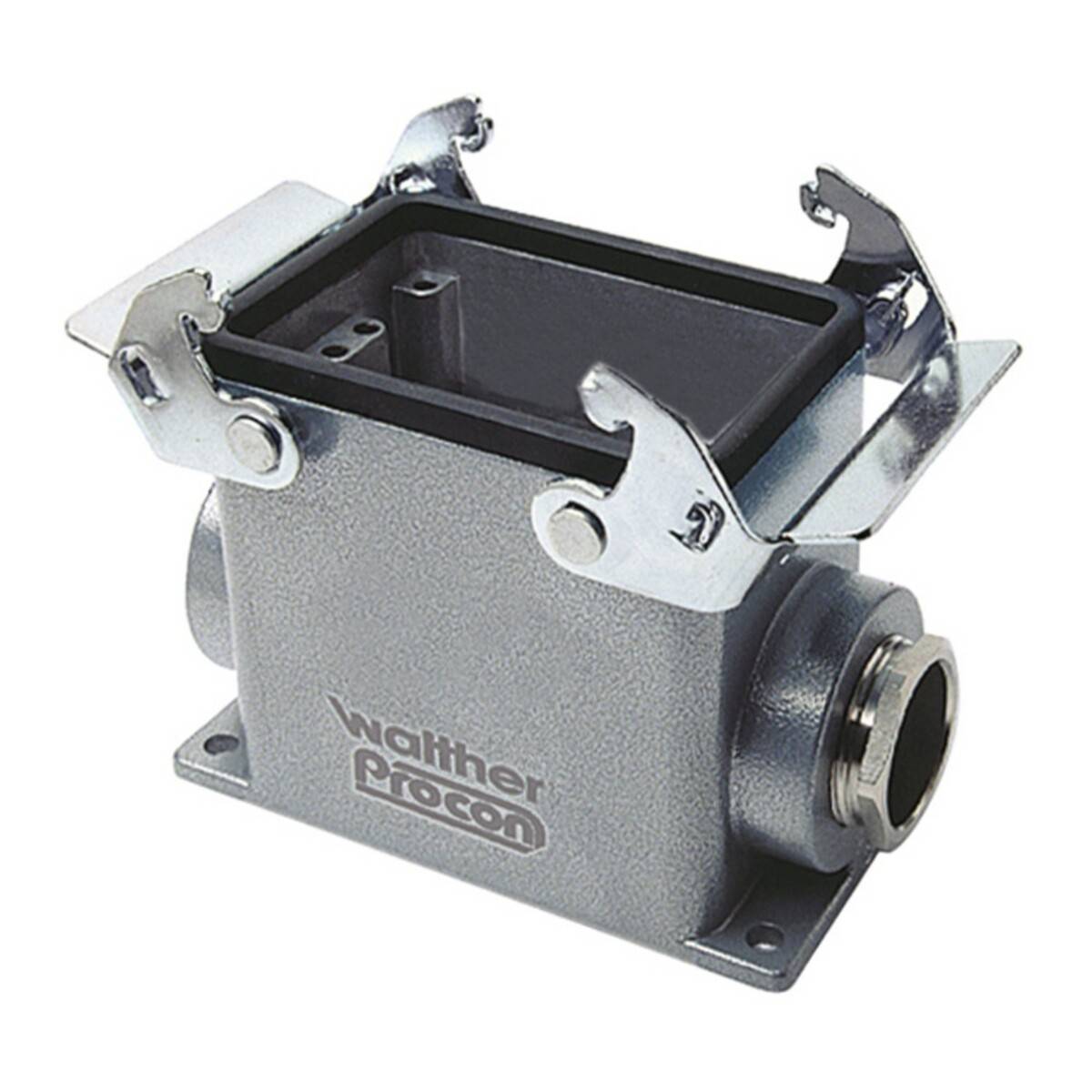 Metallisches elektrisches Anschlussgehäuse mit zwei Anschlüssen und einem Sicherungsverschluss. 'Walther Procon' Logo an der Seite gedruckt.