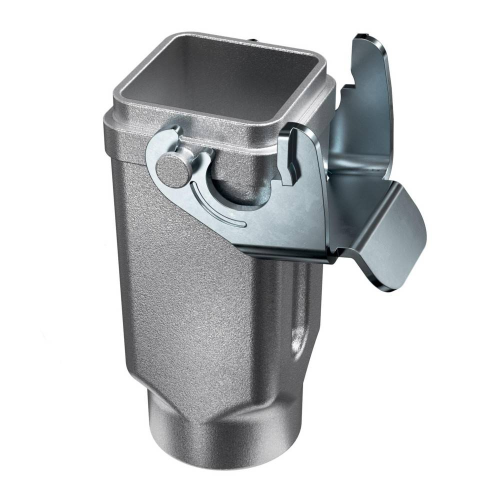 Ein metallischer, quadratischer Behälter mit einem Deckel mit Scharnier, der auf der oberen rechten Seite teilweise geöffnet ist und für sichere Aufbewahrung oder Entsorgung konzipiert wurde.