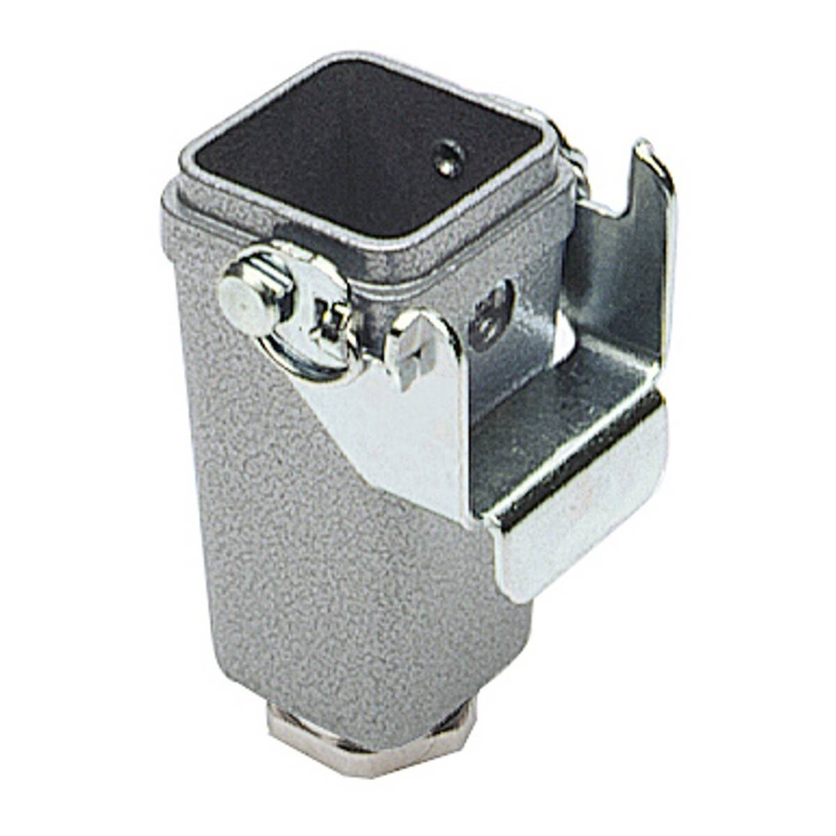 Rechteckiges metallisches industrielles Anschlussgehäuse mit seitlichem Verriegelungsmechanismus und Montageelement an der Basis.