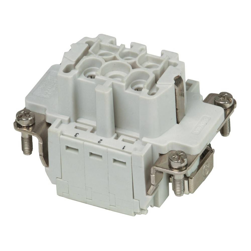 Elektrische Komponente mit drei beschrifteten Anschlüssen, zwei Schrauben für Verbindungen und einem weißen Kunststoffgehäuse. Wird zur Steuerung von Stromkreisen verwendet.