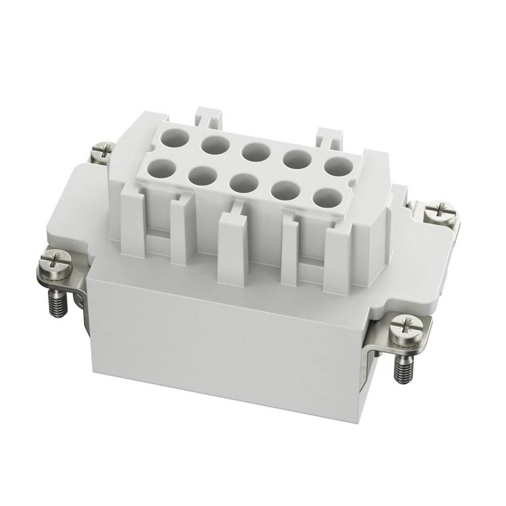 Ein grauer elektrischer Anschluss mit mehreren Anschlüssen, der für sichere Kabelverbindungen konzipiert ist und Metallschrauben zur Montage oder Verriegelung aufweist.