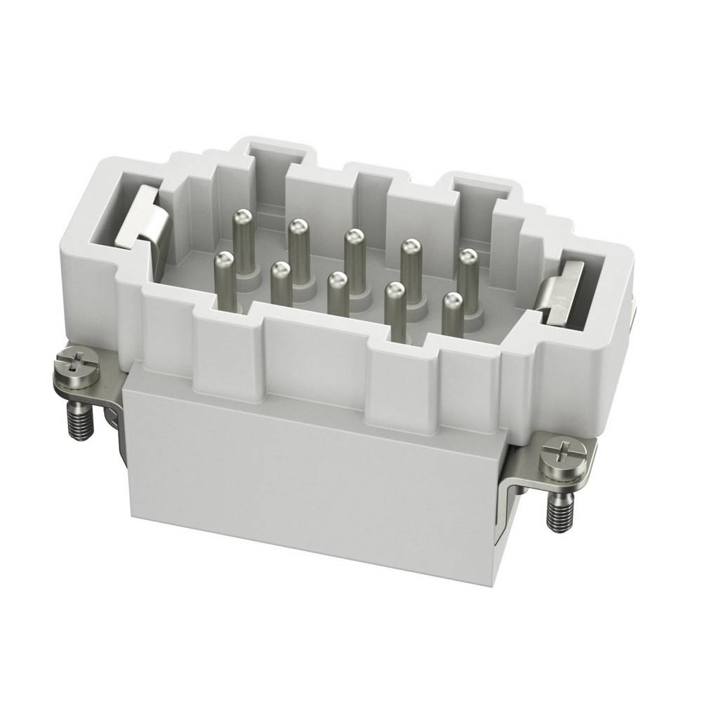 Ein rechteckiger, grauer Elektrostecker mit mehreren Metallpins, der für eine sichere Befestigung konzipiert ist, wird aus einem Winkel betrachtet gezeigt.