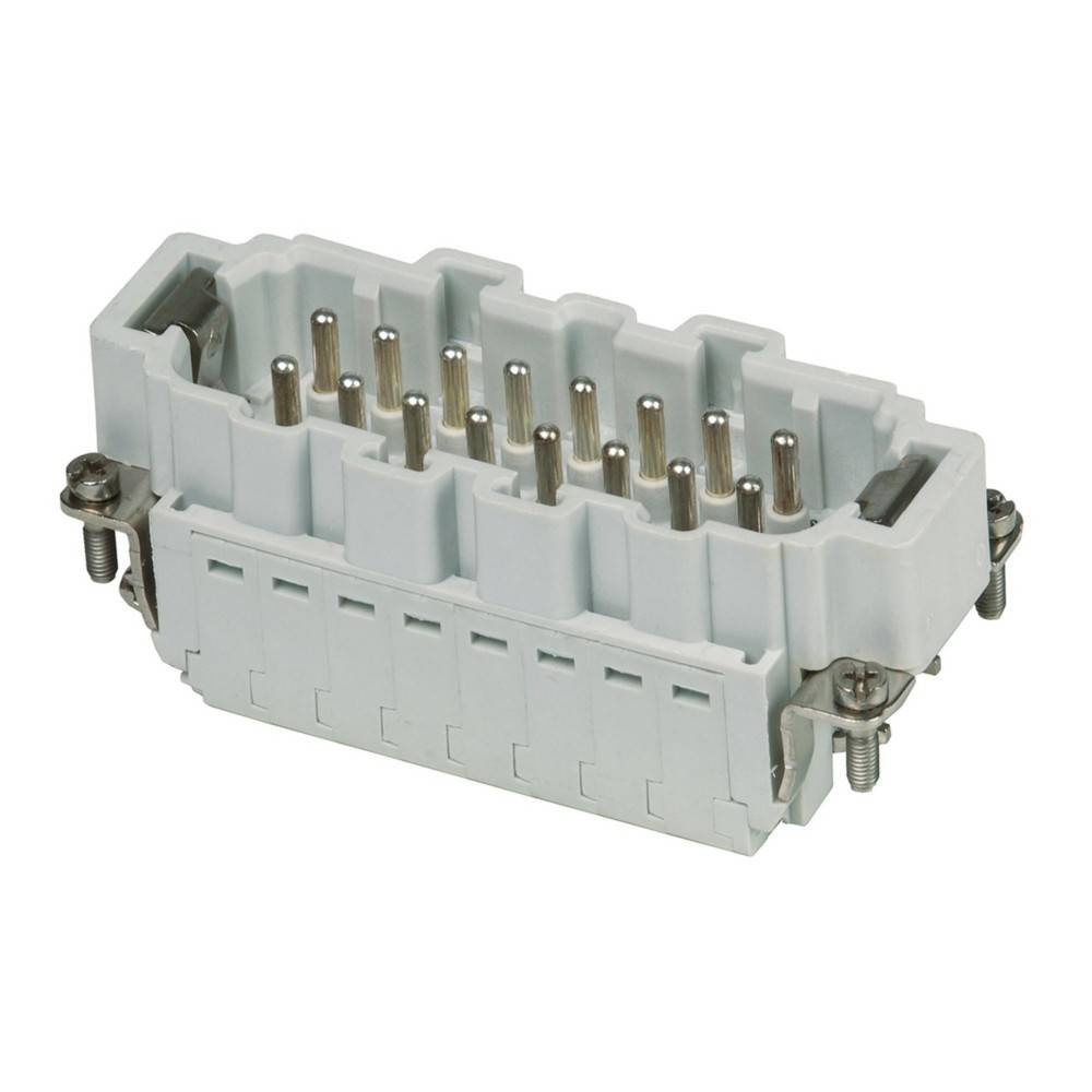 Ein rechteckiger elektrischer Steckverbinder mit mehreren Metallstiften und Schrauben für eine sichere Befestigung.