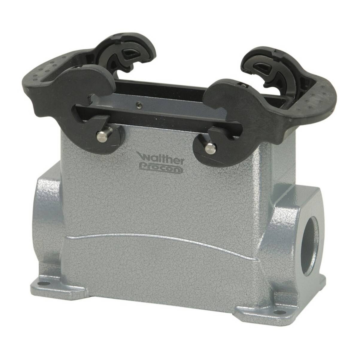 Eine graue Metallkomponente mit zwei schwarzen Klemmvorrichtungen oben, die zum Halten oder Sichern anderer Teile in einer mechanischen Anordnung ausgelegt ist.
