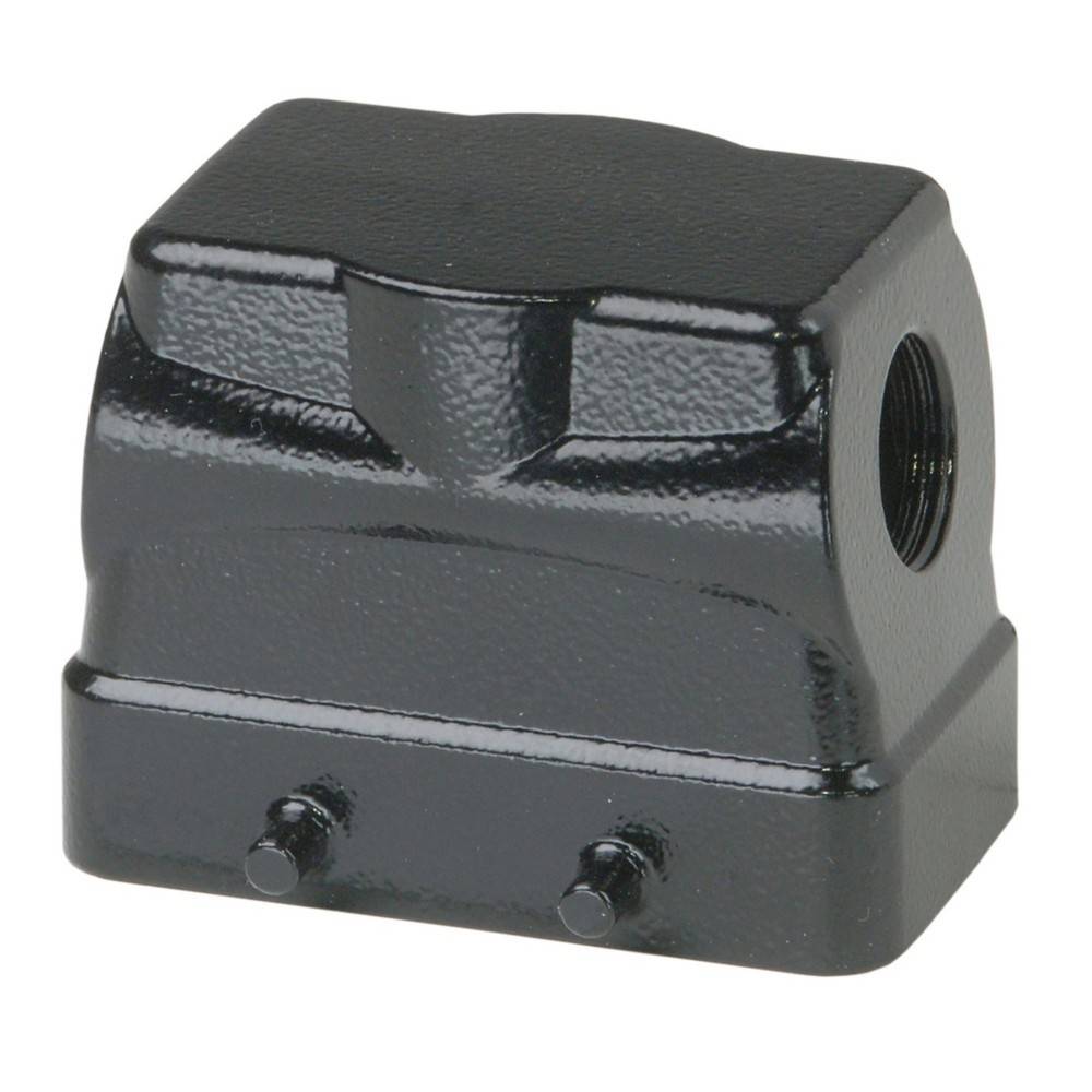 Ein schwarzes, rechteckiges Metallgehäuse mit zwei Gewindeöffnungen und einer glänzenden Oberfläche, wahrscheinlich zur elektrischen oder mechanischen Schutzabdeckung verwendet.