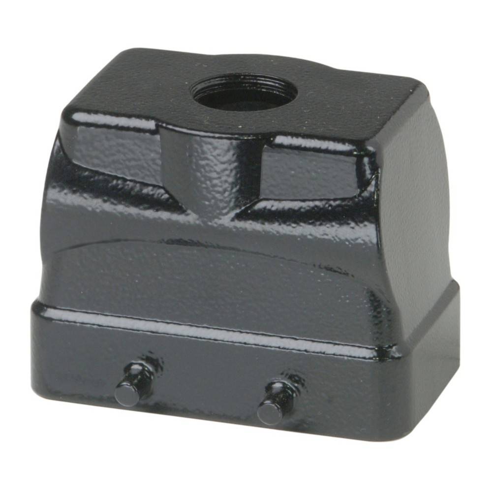 Eine schwarze Metallverteilerkasten-Abdeckung mit einem zentralen Gewindeloch an der Oberseite und zwei Vorsprüngen am unteren Rand.